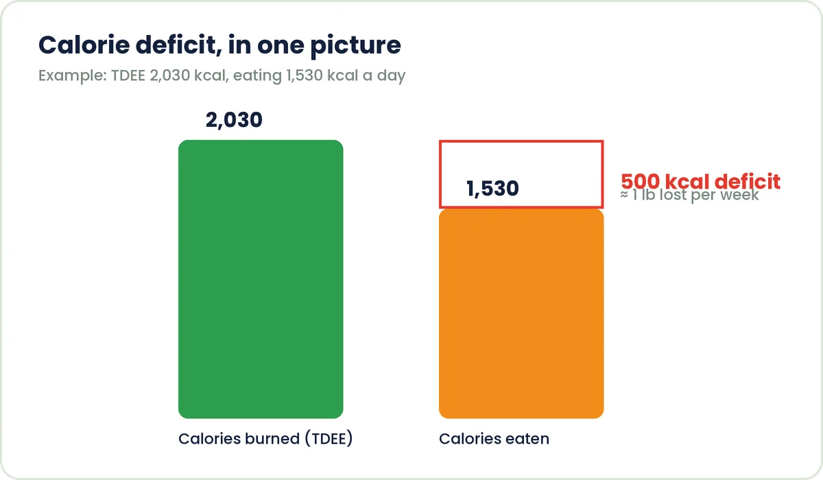 Diagram showing calories eaten versus calories burned, with the gap labeled calorie deficit